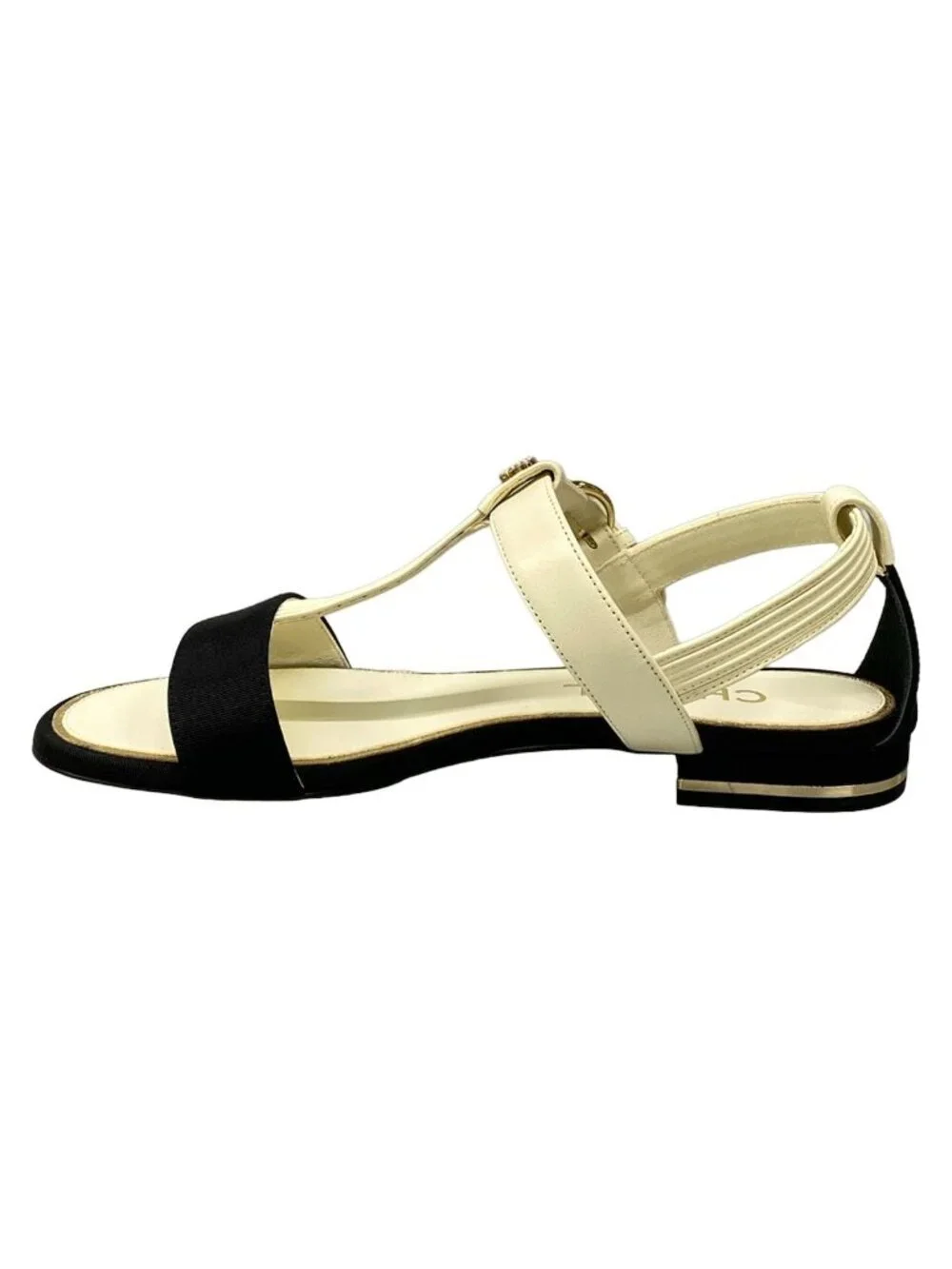 Chanel Sandals Ivory Black CC Logo Gold Pearl Leather